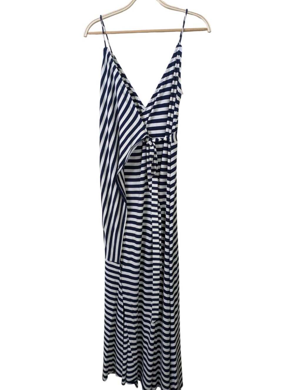 IF BY THE SEA Wrap Maxi Dress Large Navy White Striped Stretch Strappy Nautical